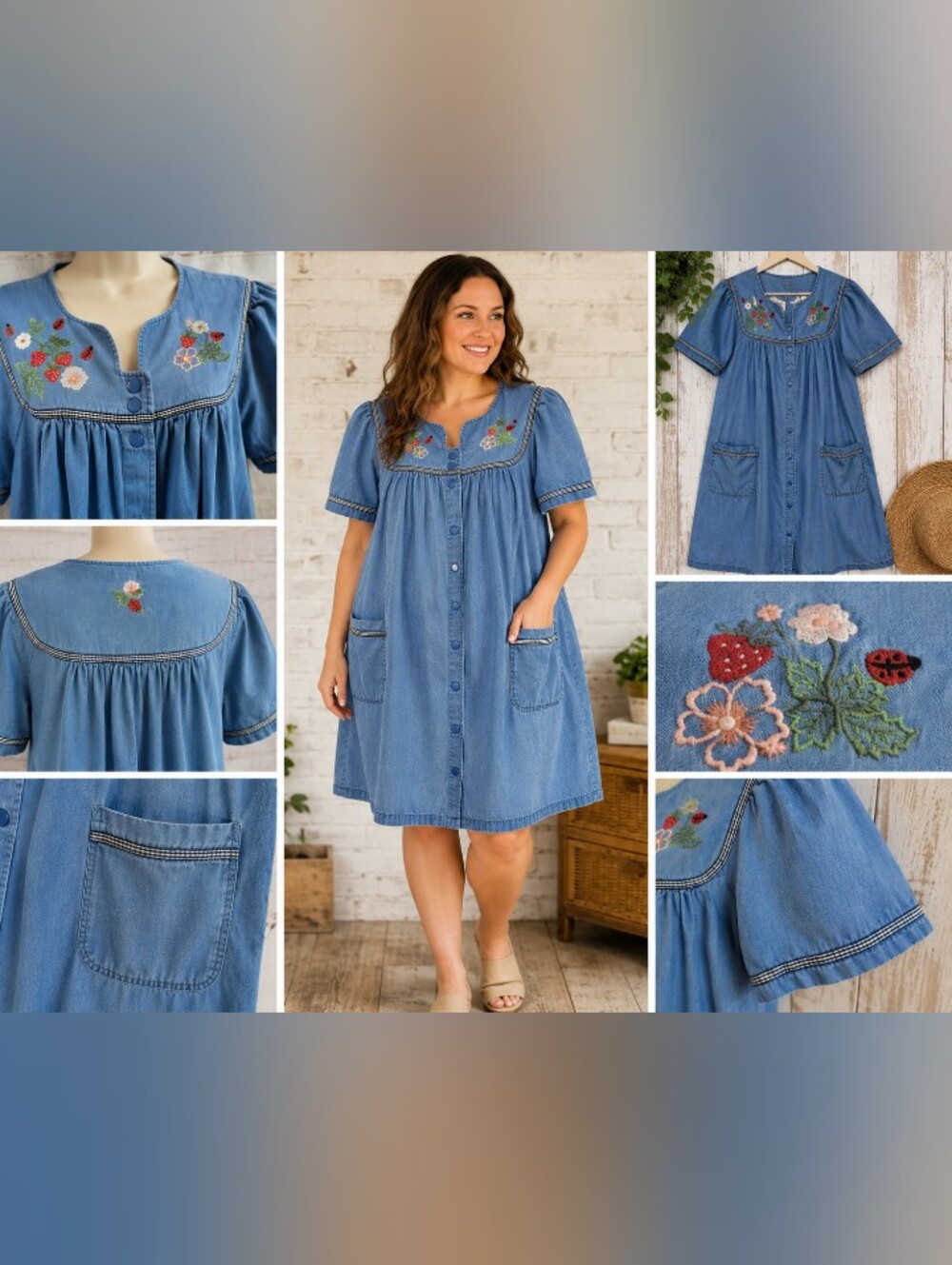 go softly patio denim dress m embroidered strawberry ladybug